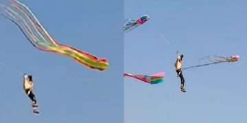 ঘুড়ির সুতো ধরে আকাশে উড়ছে যুবক